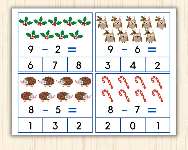 Winter Math Activities, Flashcards,1st Grade Math, Subtraction for Preschool and Kindergarten