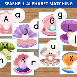 May include: Educational matching game featuring colorful seashell illustrations with uppercase and lowercase letters. The game includes various seashell designs in shades of pink, purple, green, and orange, each paired with a pearl and a letter. The text "SEASHELL ALPHABET MATCHING" is at the top.