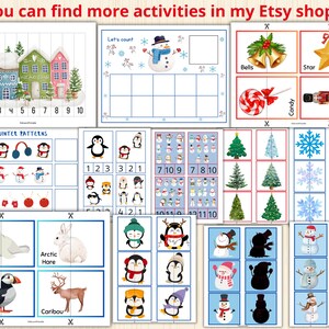 May include: A set of printable winter-themed educational activities for kids. The activities include counting, matching, and pattern recognition. The activities feature images of snowmen, penguins, trees, and other winter-related objects.
