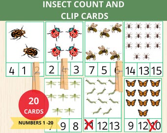 Tarjetas para contar y recortar insectos, números del 1 al 20, Montessori de insectos, tarjetas para contar, actividad de insectos, actividades de primavera, matemáticas preescolares, tarjetas para contar, preescolar