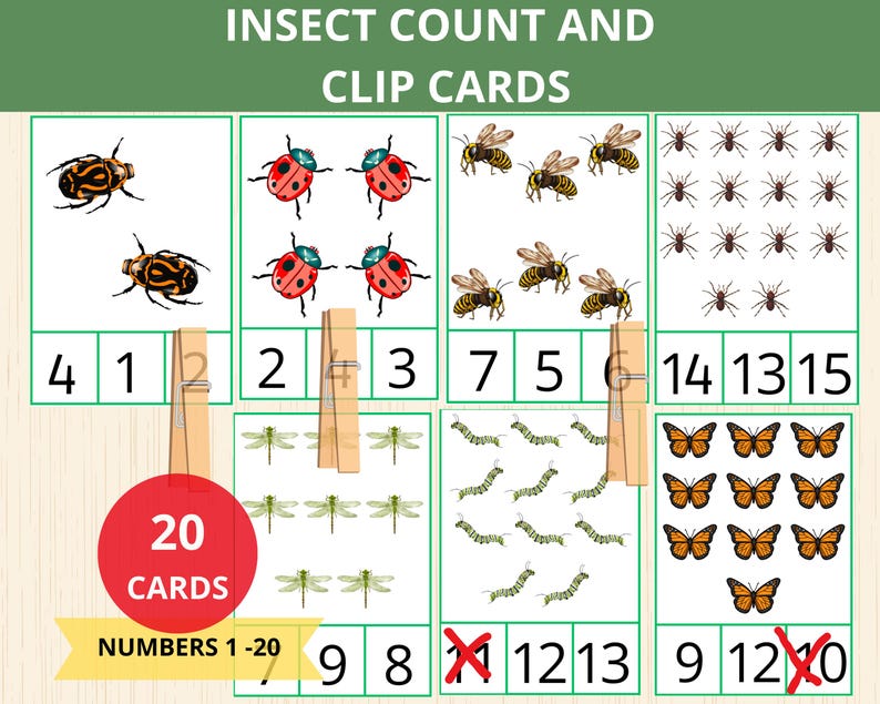 Insect count and clip cards,numbers 1-20,insect Montessori, counting cards,bug activity, srping activities,preschool, flashcards