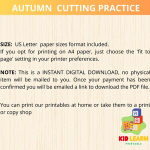 May include: Printable autumn cutting practice activity for children. The printable features the title "Autumn Cutting Practice" and instructions for printing on US Letter or A4 paper. The image also includes a note that this is an instant digital download, no physical item will be mailed.