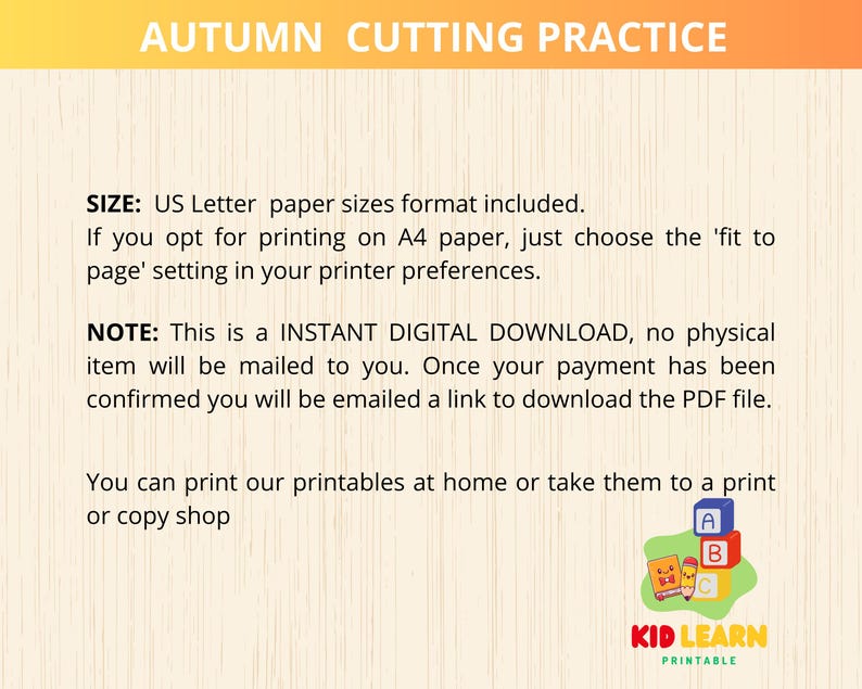 May include: Printable autumn cutting practice activity for children. The printable features the title "Autumn Cutting Practice" and instructions for printing on US Letter or A4 paper. The image also includes a note that this is an instant digital download, no physical item will be mailed.