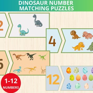 May include: A colorful educational matching puzzle featuring dinosaur illustrations. The puzzle includes numbers 2, 4, 6, and 12, each paired with corresponding dinosaur images. A red circle at the bottom reads "1-12 NUMBERS".