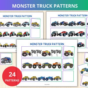 May include: A collection of colorful monster truck patterns displayed on white backgrounds. The image includes the text "MONSTER TRUCK PATTERNS" and "MONSTER TRUCK PATTERN". A red circle with the number "24" and the word "PATTERNS" is also visible.