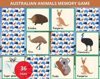 Australiensiskt minnesspel, matchningsspel med australiska djur, minneskort med vilda djur, Montessori-djurkort, naturkort, lärande om vilda djur