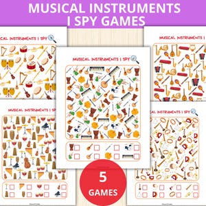 May include: Five printable I Spy game sheets featuring colorful illustrations of musical instruments. Each sheet has a list of items to find within the image.