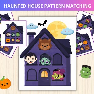 Muster für ein Spukhaus, Halloween-Zuordnungsspiel, Halloween-Beschäftigungsbuch, Monstermuster, Sequenzierungsübung, Monsterparty-Spiel, Mustererkennung
