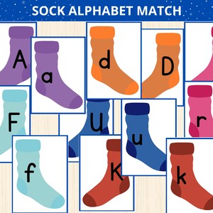 Peut inclure: Un jeu d'association d'alphabet imprimable mettant en scène des illustrations de chaussettes colorées avec des lettres majuscules et minuscules. Les lettres sont A, D, F, K, R, U.