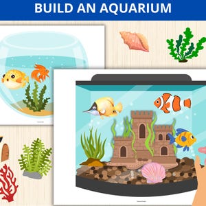 May include: Illustration showing how to build an aquarium, with the text "BUILD AN AQUARIUM" at the top. The image includes a fishbowl, a rectangular tank, fish, coral, a treasure chest, and other decorative elements.