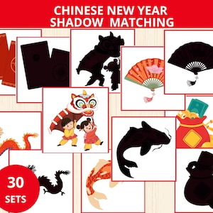 Correspondance des ombres du Nouvel an chinois,activité de correspondance,activité du Nouvel an lunaire préscolaire,célébration lunaire,signes du zodiaque chinois,activité hivernale