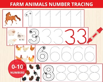 farm animal Number tracing,handwriting practice,writing skills,tracing activiy,on the farm,farm busy book,Preschool,kinder,writing skills