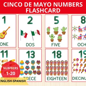 Numbers Bilingual Flashcards, Spanish and English, Early Learning,number cards 1-20, Printable Number Flash card,cinco de mayo,Number Poster