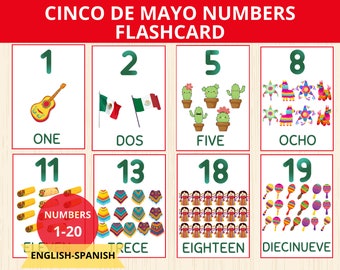 Numbers Bilingual Flashcards, Spanish and English, Early Learning,number cards 1-20, Printable Number Flash card,cinco de mayo,Number Poster