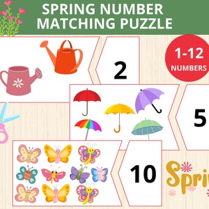 spring number matching,printable puzzle,counting activity,preschool,number puzzle,math puzzles,number worksheets,count practice,kindergarten