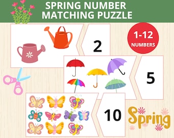 Coincidencia de números de primavera, rompecabezas imprimible