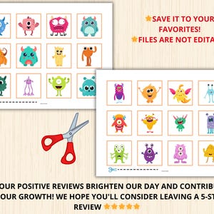 May include: A printable worksheet featuring colourful monster illustrations. The worksheet is divided into a grid of squares, each containing a different monster. The monsters are in various colours, including blue, green, orange, yellow, and purple. The worksheet includes the text "SAVE IT TO YOUR FAVORITES! FILES ARE NOT EDITABLE" and "YOUR POSITIVE REVIEWS BRIGHTEN OUR DAY AND CONTRIBUTE TO OUR GROWTH! WE HOPE YOU'LL CONSIDER LEAVING A 5-STAR REVIEW".