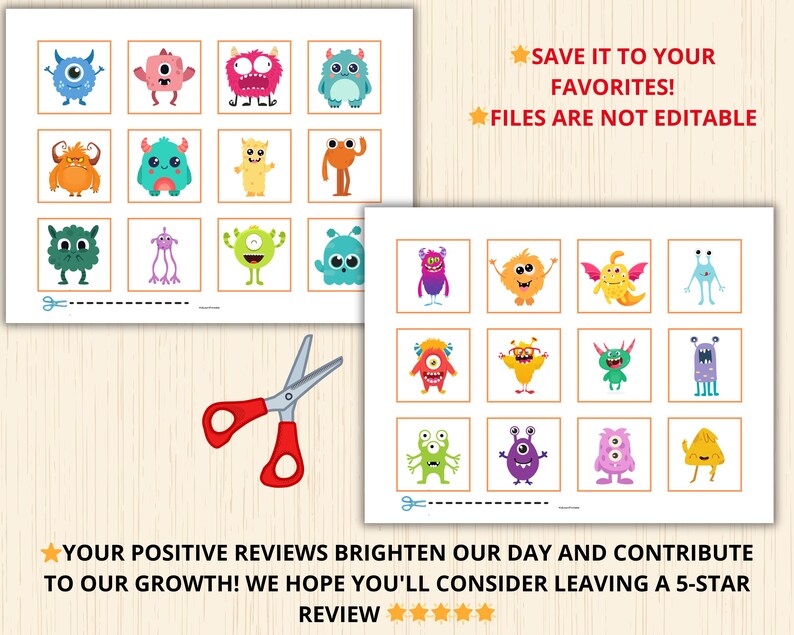 May include: A printable worksheet featuring colourful monster illustrations. The worksheet is divided into a grid of squares, each containing a different monster. The monsters are in various colours, including blue, green, orange, yellow, and purple. The worksheet includes the text "SAVE IT TO YOUR FAVORITES! FILES ARE NOT EDITABLE" and "YOUR POSITIVE REVIEWS BRIGHTEN OUR DAY AND CONTRIBUTE TO OUR GROWTH! WE HOPE YOU'LL CONSIDER LEAVING A 5-STAR REVIEW".