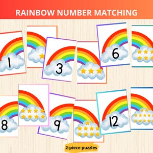 May include: Colorful number matching puzzles featuring rainbows, clouds, and stars. Each puzzle has a number from 1 to 12, with a corresponding number of stars. The text "Rainbow Number Matching" is at the top, and "2-piece puzzles" is at the bottom.