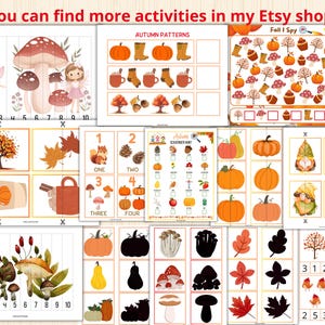 May include: A set of printable autumn-themed educational activities for children. The activities include a number matching game, a scavenger hunt, a fall I spy game, and a matching game with pumpkins, gourds, and leaves. The activities are perfect for preschool and kindergarten children.