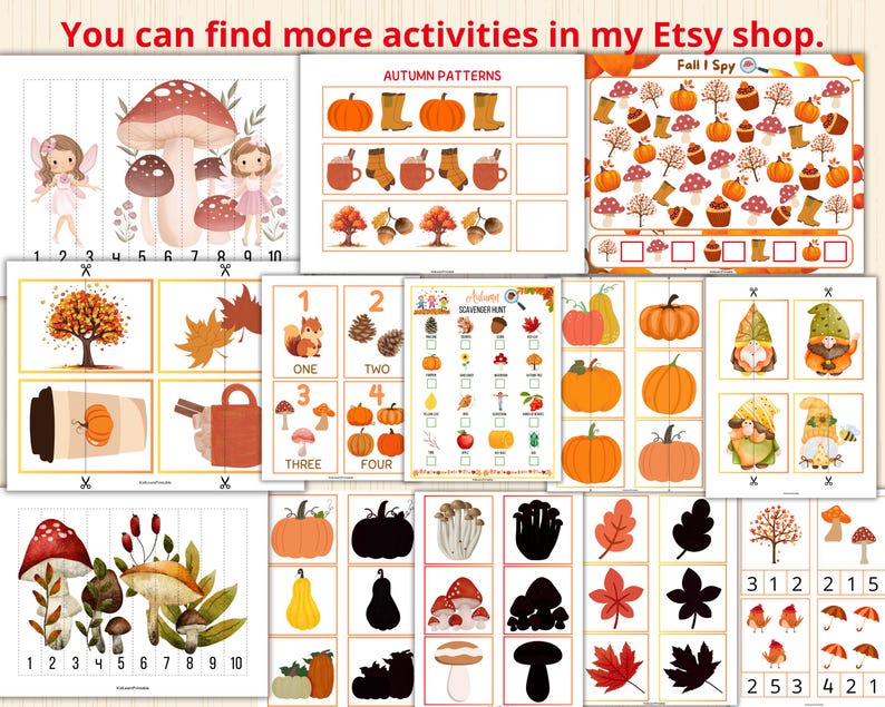 May include: A set of printable autumn-themed educational activities for children. The activities include a number matching game, a scavenger hunt, a fall I spy game, and a matching game with pumpkins, gourds, and leaves. The activities are perfect for preschool and kindergarten children.