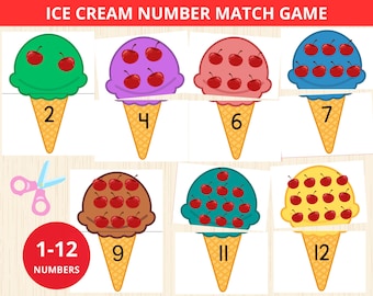 Ice Cream Numbers Matching,Sort and Match Game,Number Matching Ice Cream,Count to Ten,summer number preschool,numbers worksheet,learn number
