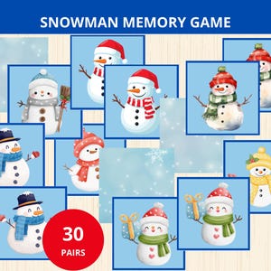 May include: A snowman memory game with 30 pairs of cards. Each card has a blue border and features a watercolour snowman wearing a hat, scarf, and sometimes holding a gift or broom. The game's title, "SNOWMAN MEMORY GAME", is at the top.