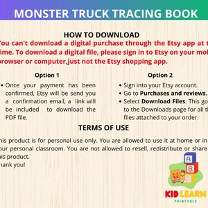 May include: A printable page with instructions for downloading a digital "Monster Truck Tracing Book" from Etsy. The page includes download options, terms of use, and a colorful logo with building blocks and a pencil.