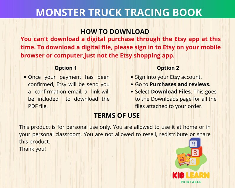 May include: A printable page with instructions for downloading a digital "Monster Truck Tracing Book" from Etsy. The page includes download options, terms of use, and a colorful logo with building blocks and a pencil.