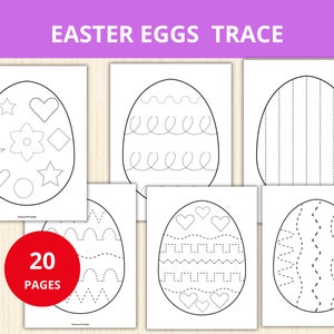 May include: A set of 20 printable worksheets featuring black and white outlines of Easter eggs with different patterns for tracing. The text "EASTER EGGS TRACE" is at the top of the image.