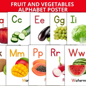 Póster del alfabeto de frutas y verduras, tarjetas didácticas de frutas, verduras de la A a la Z, tarjetas del alfabeto de frutas, tarjeta de vocabulario de verduras, tarjeta didáctica para aprender el alfabeto