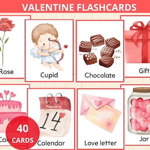 May include: Valentine's Day flashcards with illustrations of a rose, cupid, chocolate, gift, cake, calendar, love letter, and a jar of hearts. The text "40 CARDS" is in red.