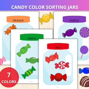 May include: Candy color sorting jars with orange, green, red, and purple lids. Each jar contains candies of the corresponding color. The image also includes a red circle with the text "7 COLORS".