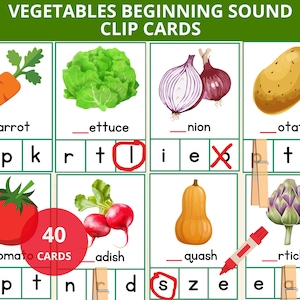 Tarjetas con sonidos iniciales de verduras, verduras Montessori preescolar, fonética de verduras, tarjetas con sonidos de letras de frutas, sonidos iniciales de frutas