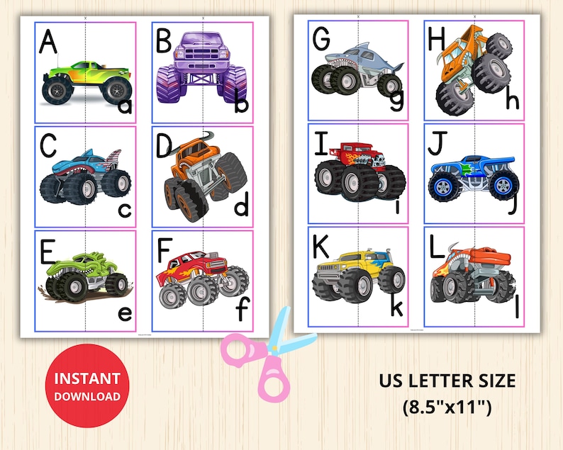 Rev up learning with this Monster Truck Alphabet Puzzle, a fun printable activity where kids match uppercase and lowercase letters using monster trucks divided into two parts.
 Perfect for preschool, pre-K, and kindergarten learners, this hands-on game makes letter recognition exciting while supporting early literacy development.