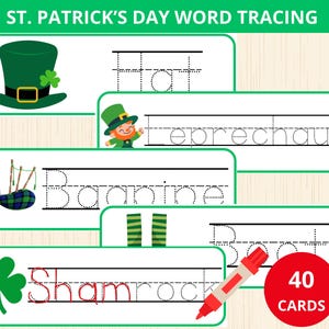 Trazado de palabras del día de San Patricio, día de San Patricio preescolar, san patricio montessori, actividad de escritura a mano, vocabulario del día de San Patricio, unidad del día de San Patricio