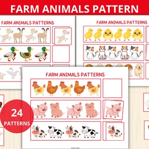 Puede incluir: Una hoja de trabajo imprimible con 24 patrones de animales de granja. La hoja de trabajo presenta imágenes de animales de granja como cabras, patos, pollos, cerdos, vacas, gatos, perros y ovejas. La hoja de trabajo está diseñada para ayudar a los niños a aprender sobre patrones y secuencias.