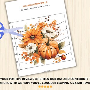 May include: A printable worksheet featuring a picture of a pumpkin and autumnal flowers. The worksheet has dotted lines for children to cut along with scissors to practise their fine motor skills. The text "AUTUMN SCISSOR SKILLS" is at the top of the page.
