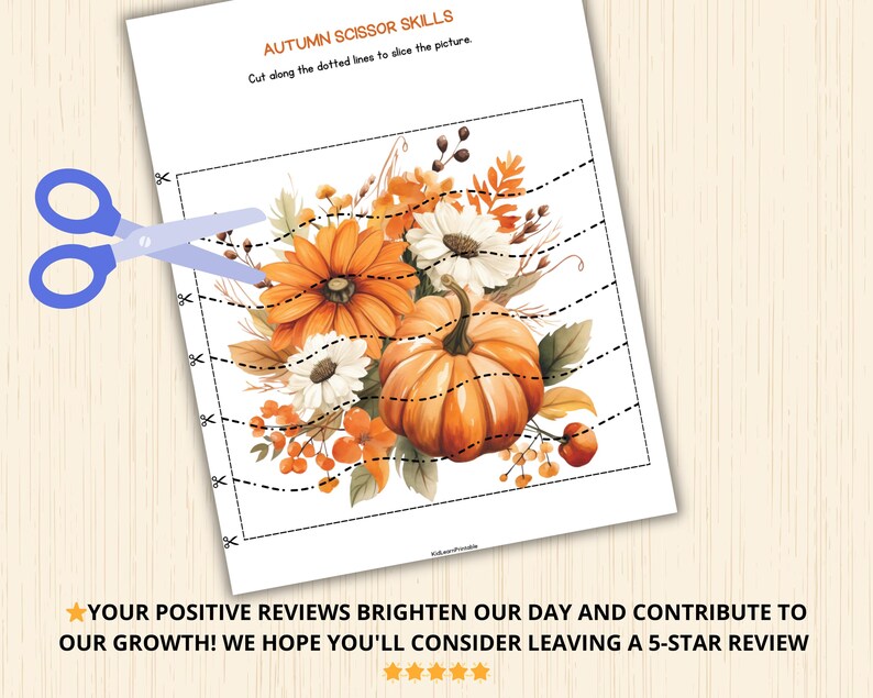 May include: A printable worksheet featuring a picture of a pumpkin and autumnal flowers. The worksheet has dotted lines for children to cut along with scissors to practise their fine motor skills. The text "AUTUMN SCISSOR SKILLS" is at the top of the page.