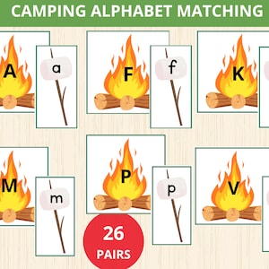 Coincidencia de letras para acampar, Letras preescolares, Juego de combinación de alfabetos, Preescolar para acampar, Reconocimiento de letras, Juego para acampar, Montessori para acampar, Rompecabezas