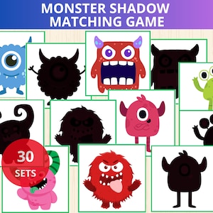 Jeux d'association d'ombres de monstres, activité d'association de monstres, casse-têtes de monstres, amateurs de monstres, cartes monstres, halloween, jeu de silhouette, allumette d'ombres 