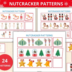 May include: A selection of watercolour illustrations with Nutcracker patterns. The designs include toy soldiers, ballerinas, rocking horses, ornaments, snow globes, and stars. The text "NUTCRACKER PATTERNS" is displayed at the top of the image.