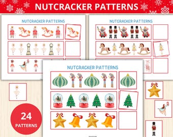 Schede con schemi dello Schiaccianoci, attività "Cosa viene dopo", attività con schemi, scuola materna di Natale, completa lo schema, pagine del libro di attività di Natale, gioco di sequenza