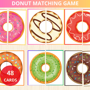 Gioco di abbinamento ciambelle, puzzle di simmetria ciambelle, abbina la ciambella, abbina metà, attività prescolare di Halloween, abbinamento simmetrico, puzzle in due pezzi, prek