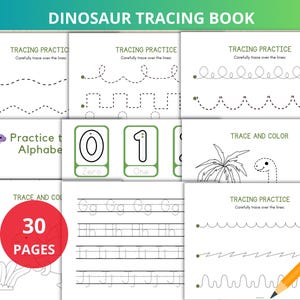May include: A dinosaur tracing book with the title "DINOSAUR TRACING BOOK" at the top. The book features tracing practice pages with dotted lines, dinosaur illustrations, and alphabet practice. A red circle indicates "30 PAGES".