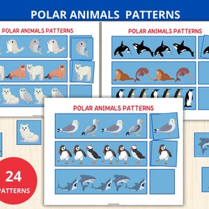 極地の動物のパターン、AB AABパターン、次に何が来るか、パターンアクティビティ、冬の幼稚園、パターンを完成させる、冬の忙しい本、シーケンスゲーム
