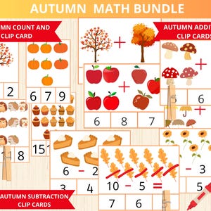 pacote de planilhas de matemática de outono, planilhas de matemática de outono, pacote de pré-escola de outono, cartão de clipe de adição e subtração de outono, atividade de matemática de outono, pré-escola
