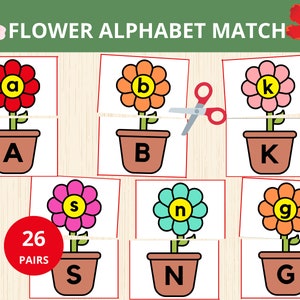 Jogo de correspondência de alfabeto de flores, atividade pré-escolar de primavera, jogo de correspondência de alfabeto, jogo de correspondência de letras, quebra-cabeças ABC, reconhecimento de letras, cartões de alfabeto