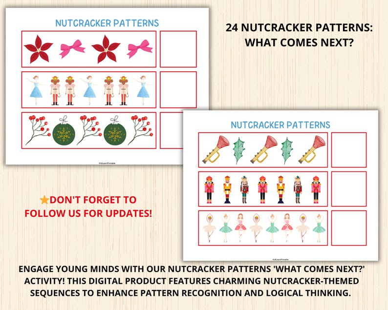 You will receive  a PDF file with 24 Nutcracker patterns, What Comes Next?, US Letter Size  (8.5"x11")
Print on heavy paper and cut out the cards