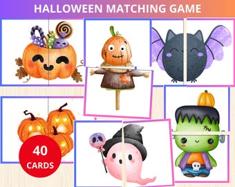 May include: A Halloween-themed matching game with colorful illustrations of pumpkins, bats, ghosts, and Frankenstein's monster. The game includes 40 cards and features the text "Halloween Matching Game" at the top.